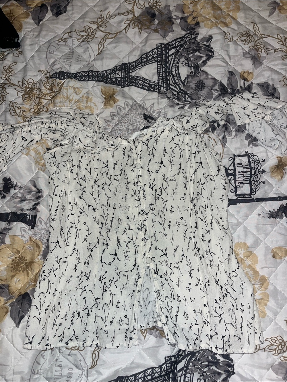 H&M White Blouse with Black Floral Print and Ruffle Neck